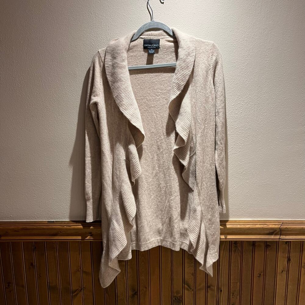 Cynthia Rowley Cashmere Ruffle Cardigan Sweater Sz XS Tan Quiet Luxury Preppy